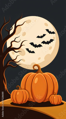 Halloween scene with pumpkins bats and full moon illustration