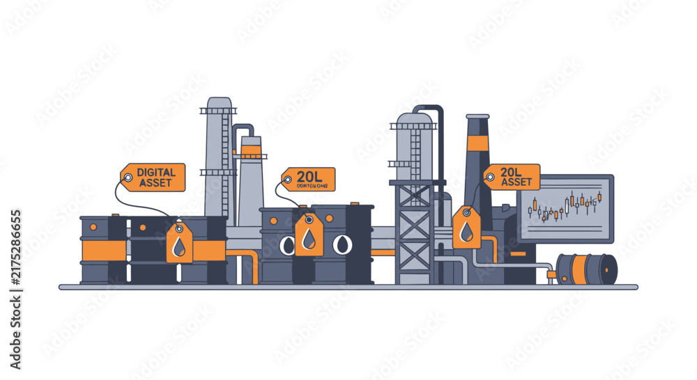 Naklejka premium Oil Refinery and Digital Asset Trading Vector Illustration