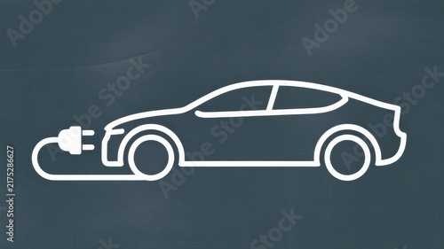 Electric car outline with charging plug on dark slate.