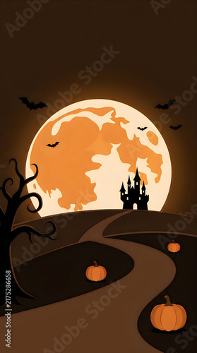 Spooky halloween scene with castle silhouette and full moon