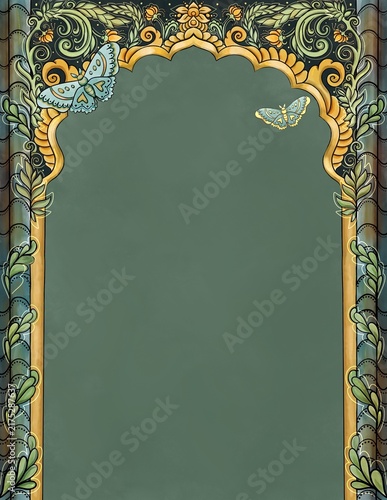 Decorative Botanical Indian Style Arch Frame with Butterflies and Gold Floral Ornament