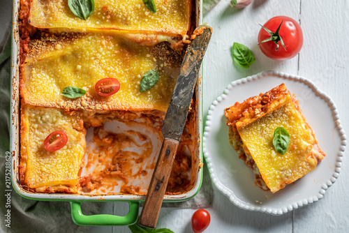 Принти на полотні Homemade lasagna layered with bechamel and Bolognese.