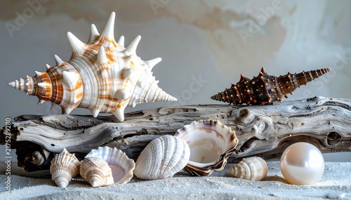 marine elements collection featuring weathered driftwood, spiky murex shell, irregular baroque pearl and oyster shell, coastal natural textures, elegant nautical composition