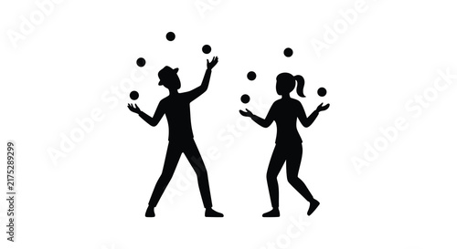 Silhouettes of two jugglers performing with balls against a white background juggling silhouette performance performers