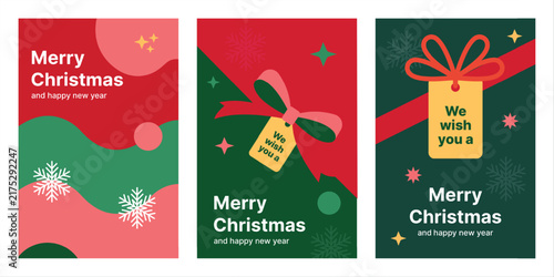 Merry Christmas and Happy New Year vector posters set. Abstract ornaments, snowflakes, gift ribbon, bow and Santa tag on festive red and green holiday greeting cards, background design