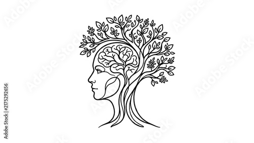 Human Profile Growing Tree Personal Growth Learning Mind Development Line Art Vector