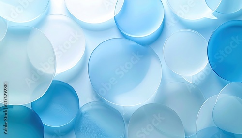 overlapping frosted acrylic round speech bubbles in light blue and white, translucent glass-like material, modern communication design