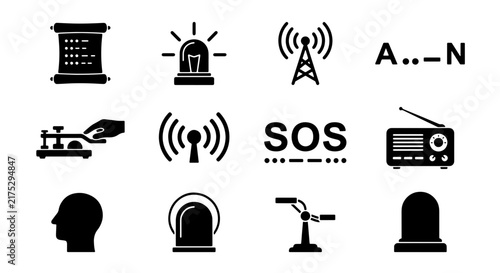 Foto Communication Icons Set: Morse Code, Radio, Signal Tower, Alert Lights, SOS, Hea
