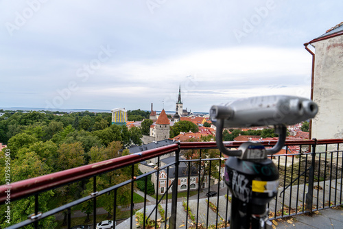 Binoculars at Patkuli viewing platform with scenic Tallinn Old Town panorama, Estonia