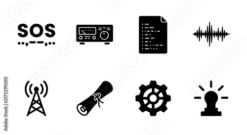 SOS Morse Code, Radio Transmitter, Code Document, Sound Wave, Antenna Tower, Diploma Scroll, Gear Cog, Alarm Light Icons Set, Technology and Communication Symbols