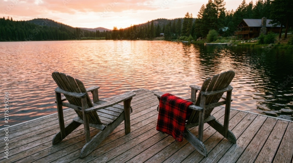 Fototapeta premium Adirondack Chairs with Red Plaid Throws on Wooden Lake Pier at Mountain Sunset