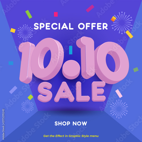 10.10 Special Offer Sale Banner Vector with Pink 3D Text, Confetti, and Fireworks Display