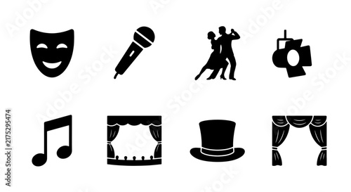 Theater and Performance Icons Set: Mask, Microphone, Dancers, Spotlight, Music Note, Stage, Top Hat, Curtains. Vector Graphics for Entertainment Concepts.