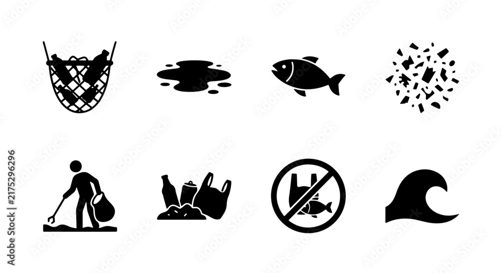 Fototapeta premium Ocean Pollution Icons: Plastic Waste, Fishing Net Debris, Contaminated Water, Marine Life Impact, Beach Cleanup, Wave Icon Set