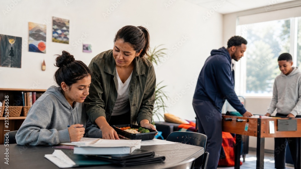 Fototapeta premium Youth program mentor helps a teenage caregiver set up quiet homework space and a meal kit while another staff member leads recreation nearby
