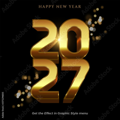 Happy New Year 2027 Luxury Gold 3D Text Effect Banner with Bokeh Lights Background