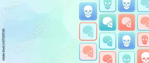 Watercolor background with skull x-rays featuring a mosaic of colorful skeletal icons for International Day of Radiology events. This design is used for medical headers and educational posters.