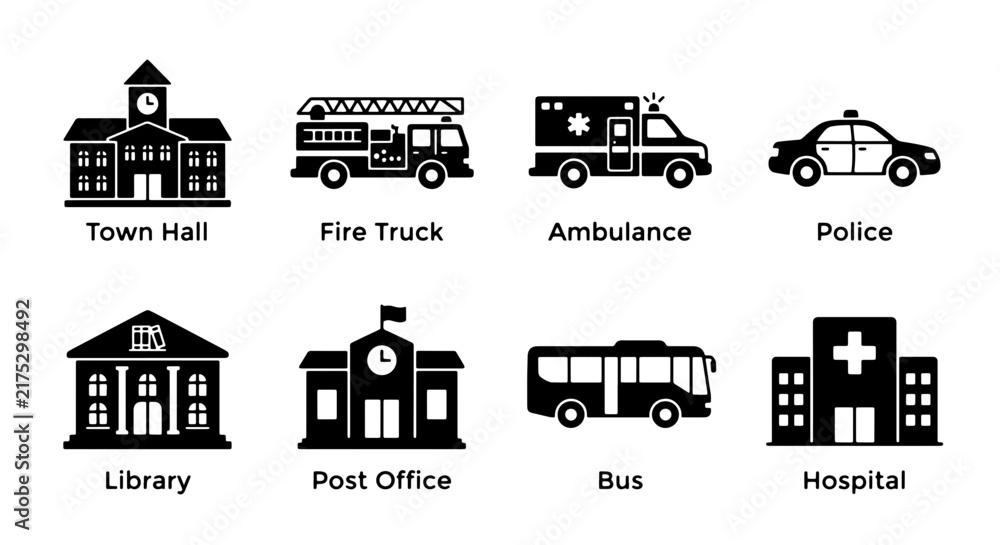 Obraz premium Set of 8 Black and White Icons: Town Hall, Fire Truck, Ambulance, Police Car, Library, Post Office, Bus, Hospital Buildings and Vehicles