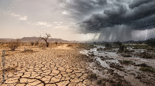 Dramatic landscape showing the contrast between a cracked dry desert and a stormy rain flooded river.