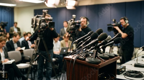 Group of journalists and cameramen covering a formal press conference event.