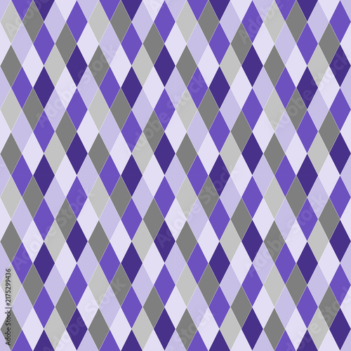 Seamless geometric pattern of purple, violet, grey, and lavender argyle diamonds with fine white outlines. Modern abstract harlequin background or decorative backdrop for textile, web, and print.