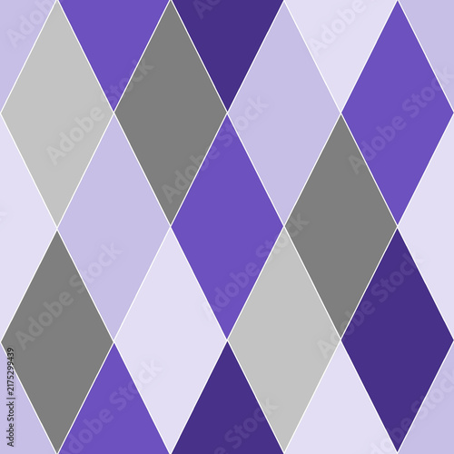 Seamless geometric pattern of purple, violet, grey, and lavender argyle diamonds with fine white outlines. Modern abstract harlequin background or decorative backdrop for textile, web, and print.