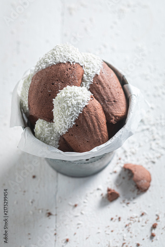 Homemade chocolate Madeleine cookies served as French snacks.