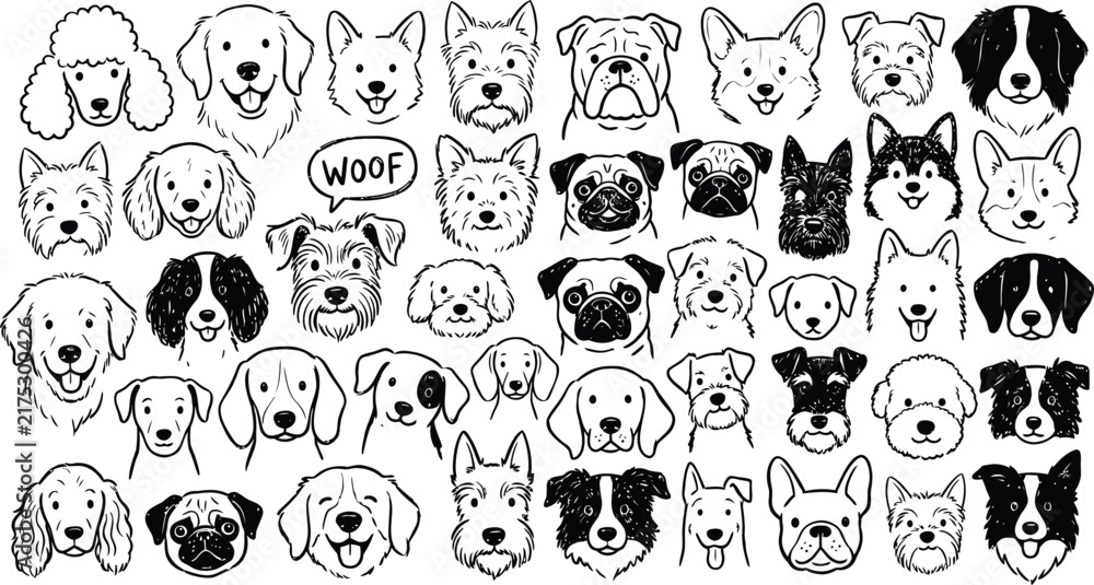 Fototapeta premium Collection of various hand drawn dog portraits
