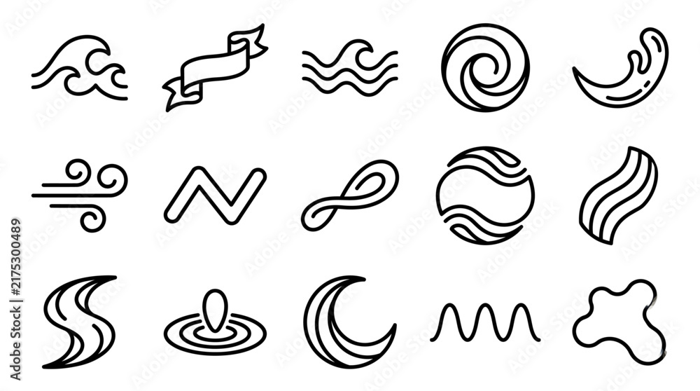 Fototapeta premium Minimalist Waves, Wind and Abstract Elements Icons Set