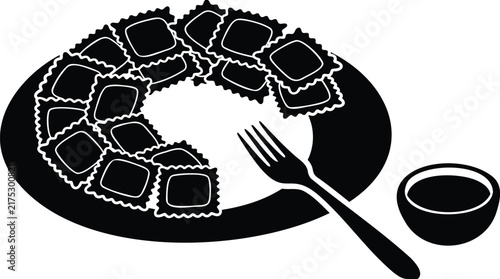 Black and white of a plate of ravioli with fork on white background, italian food