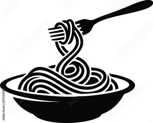 Black and white of fork lifting spaghetti from a bowl pasta dining