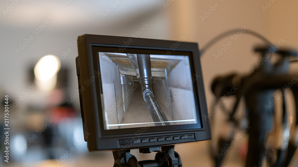 Obraz premium Industrial inspection camera monitor displaying a dark narrow pipe tunnel live video feed in a professional plumbing diagnostic scenario setup