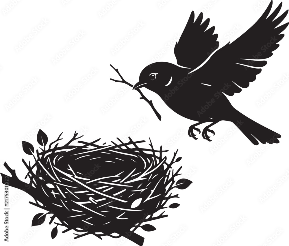 Fototapeta premium Black bird flying with twig towards nest silhouette isolated on white background, Vector, illustration