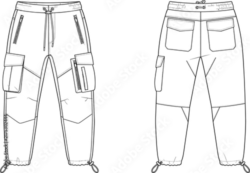 Photography Men's cargo jogger pants fashion technical flat sketch template front and back v