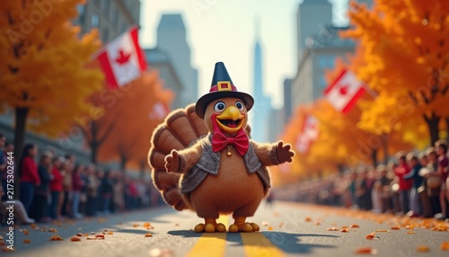 thanksgiving turkey mascot marching down city street with maple flags and autumn trees, crowd watching festive parade with smiling children and oversized costume details for seasonal event promotion,