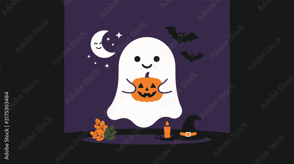 Fototapeta premium Cute Halloween Ghost Holding Pumpkin, Vector Art