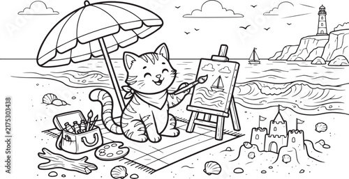 Cute Cat Beach Painting Coloring Page Line Art