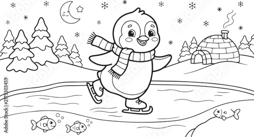 Cute Penguin Ice Skating Winter Coloring Page Line Art