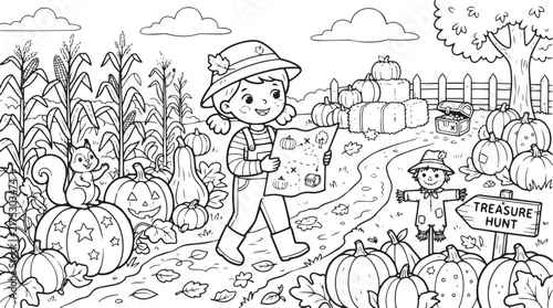 Autumn Pumpkin Farm Coloring Page Line Art Illustration