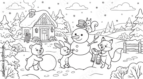 Cute Winter Snowman Coloring Page Line Art Illustration