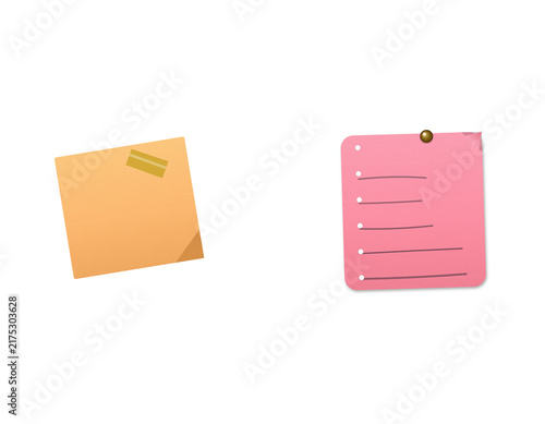 Yellow and pink sticky notes with push pin and tape for office communication and lists.