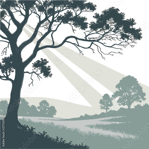 Картината върху платно Scenic landscape illustration with a large tree silhouette in the foreground and