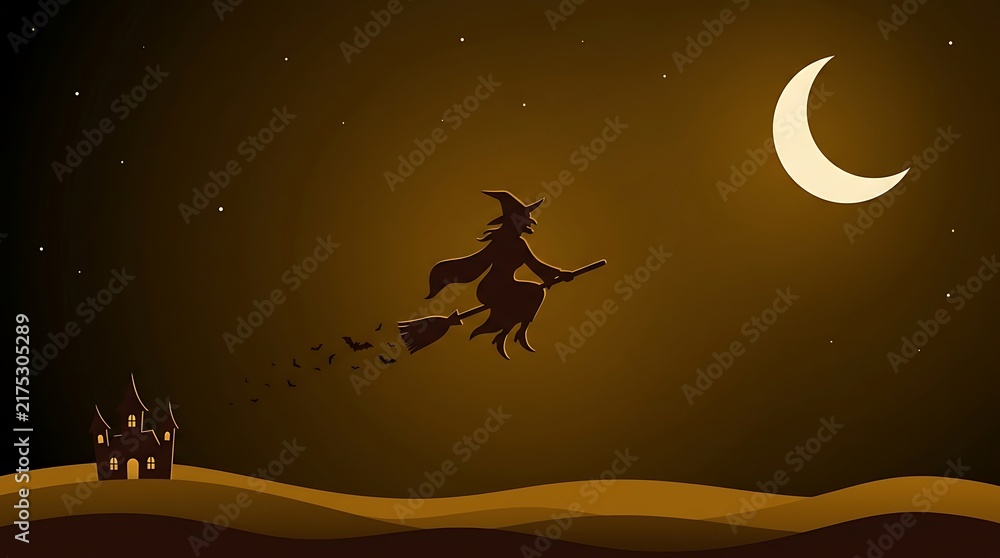 Fototapeta premium Halloween background with a witch flying on a broomstick across the night sky with a crescent moon and a haunted house