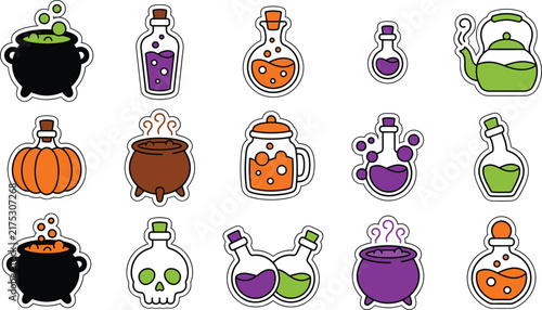 Collection of colorful witch potion stickers featuring cauldrons and magic bottles for Halloween
