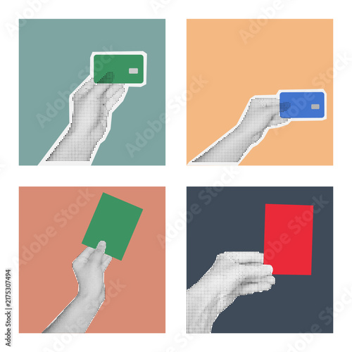 Halftone Hand Gestures with Credit Card and Blank Cards