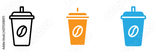 Three colorful to go coffee cups with bean logo in outline and filled styles