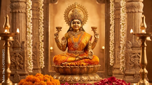 Lavishly decorated statue of Goddess Durga during Vijayadashami, surrounded by floral decorations and golden lamps, Ai generated images