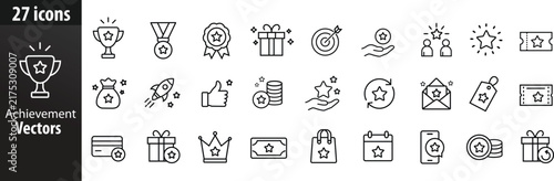 Achievement icons set, Success achievement line icon collection featuring trophy, award, medal, and crown symbols, versatile business reward and victory vector graphics