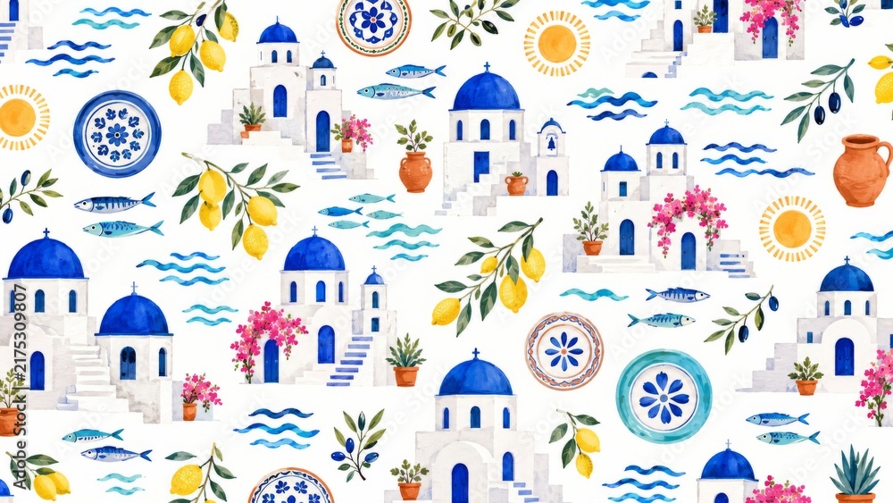 Fototapeta premium Greek isle aesthetic with blue domes, lemons, and fish, suitable for background