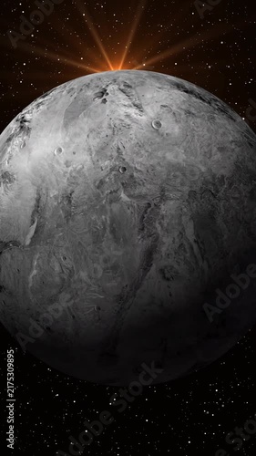 Cinematic view of a Haumea fictional planet in deep space with a glowing sun flare background.